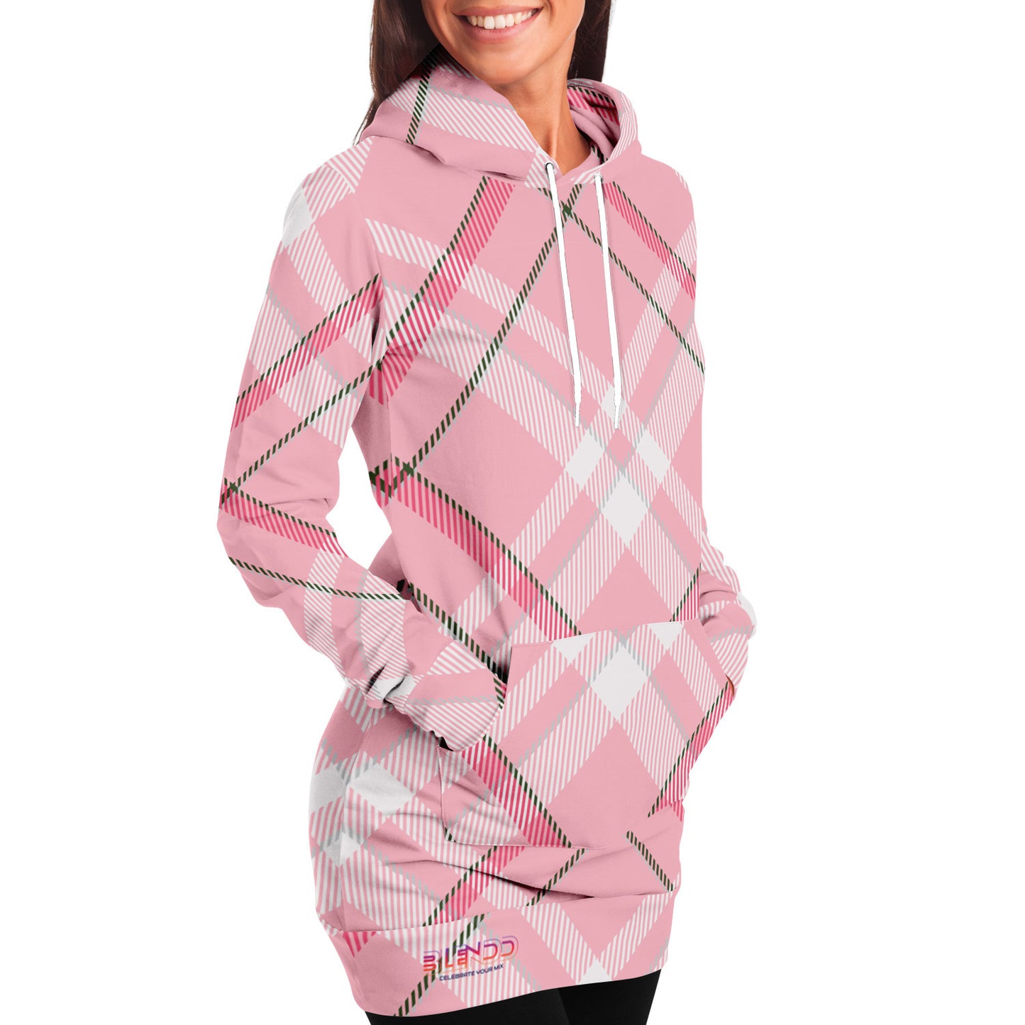 Winter 2024 Womens Fashion Longline Hoodie - MADRAS PinkWhite