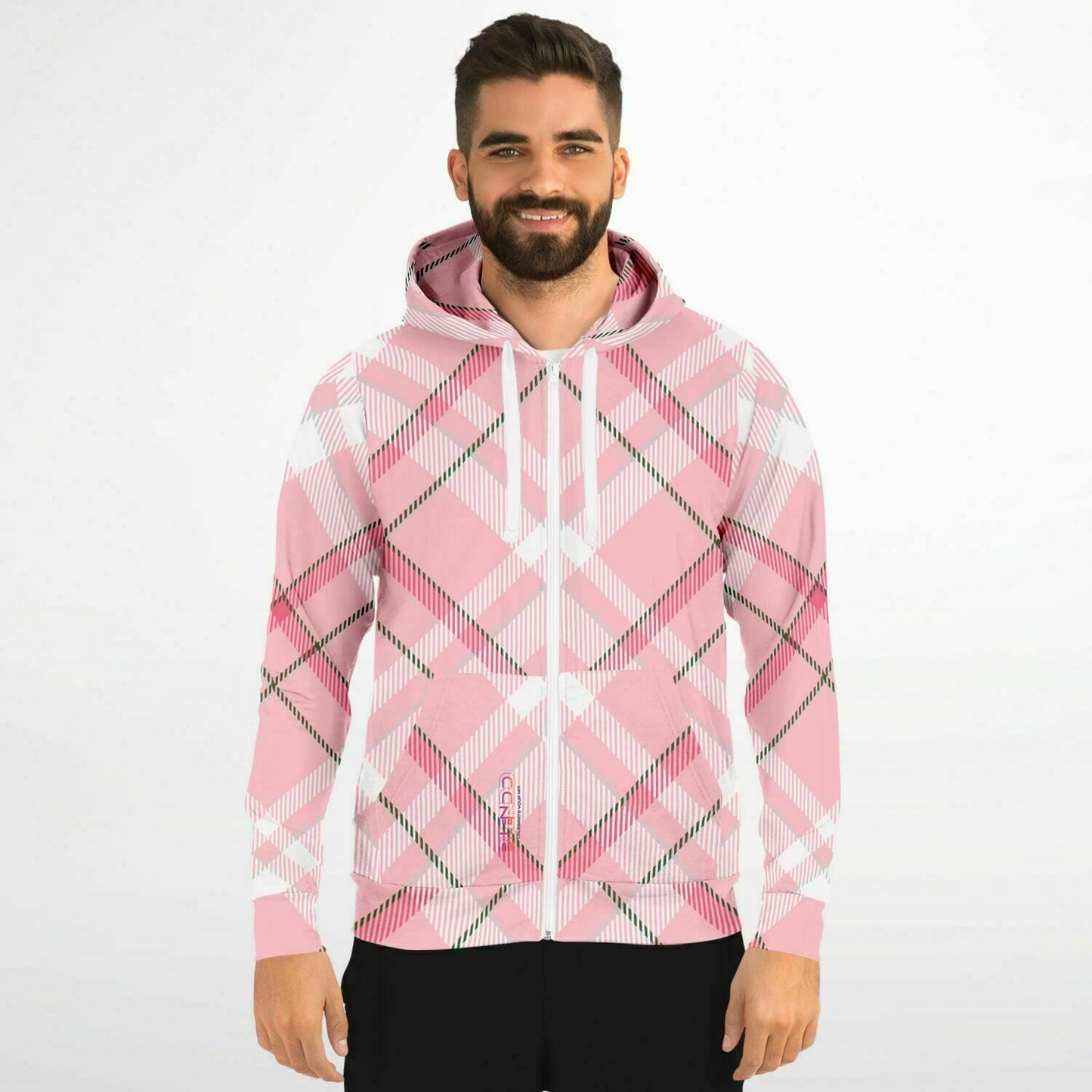 Winter 2024 Unisex Fashion Zip-Up Hoodie - MADRAS PinkWhite