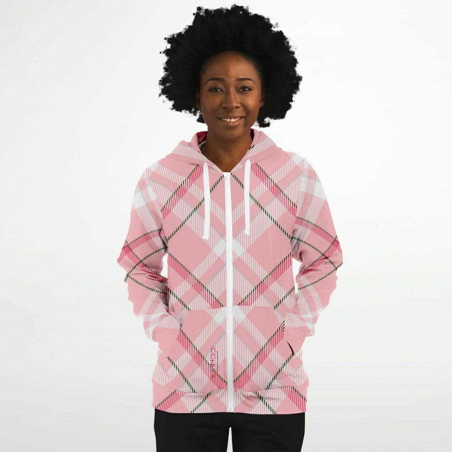 Winter 2024 Unisex Fashion Zip-Up Hoodie - MADRAS PinkWhite