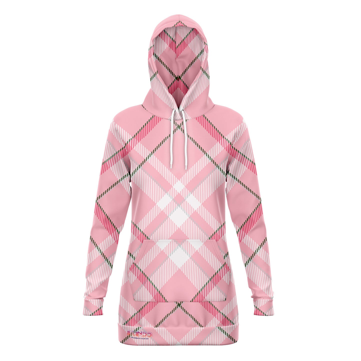 Winter 2024 Womens Fashion Longline Hoodie - MADRAS PinkWhite