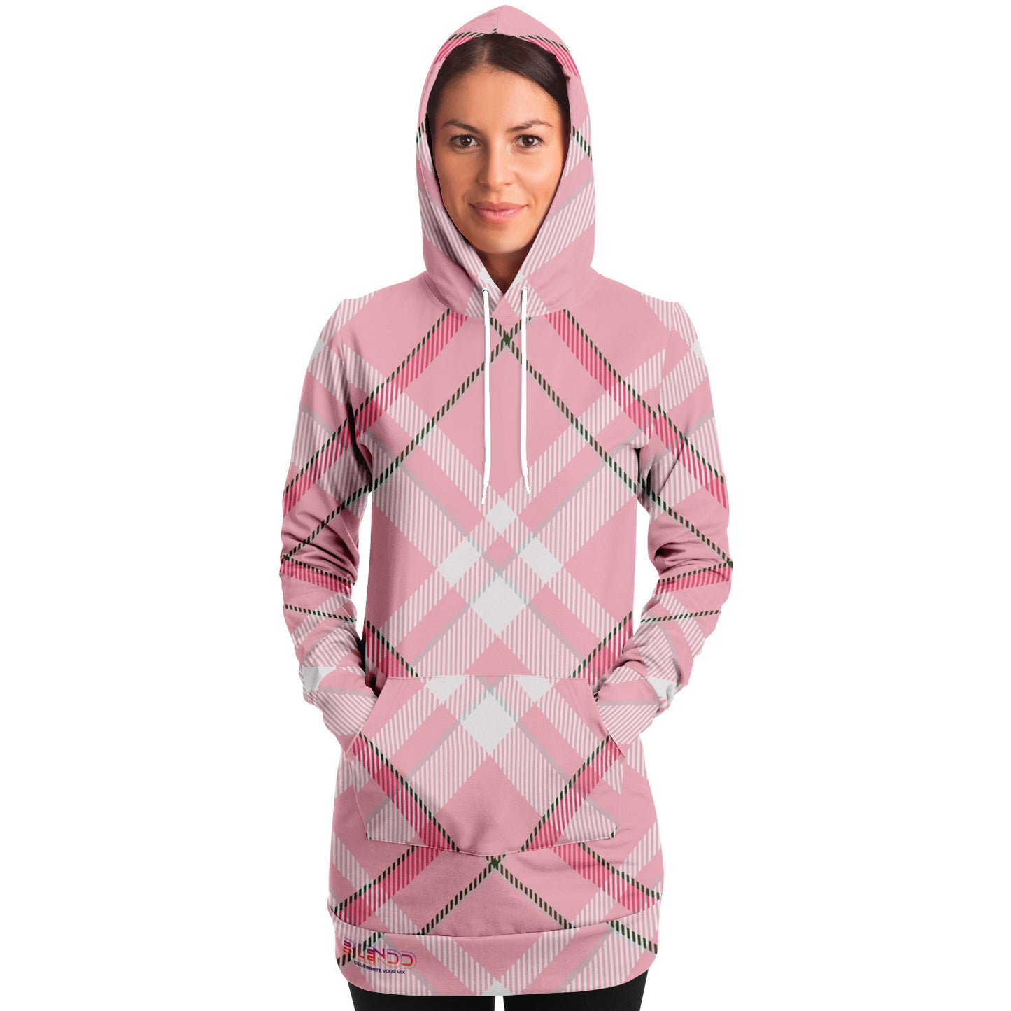 Winter 2024 Womens Fashion Longline Hoodie - MADRAS PinkWhite