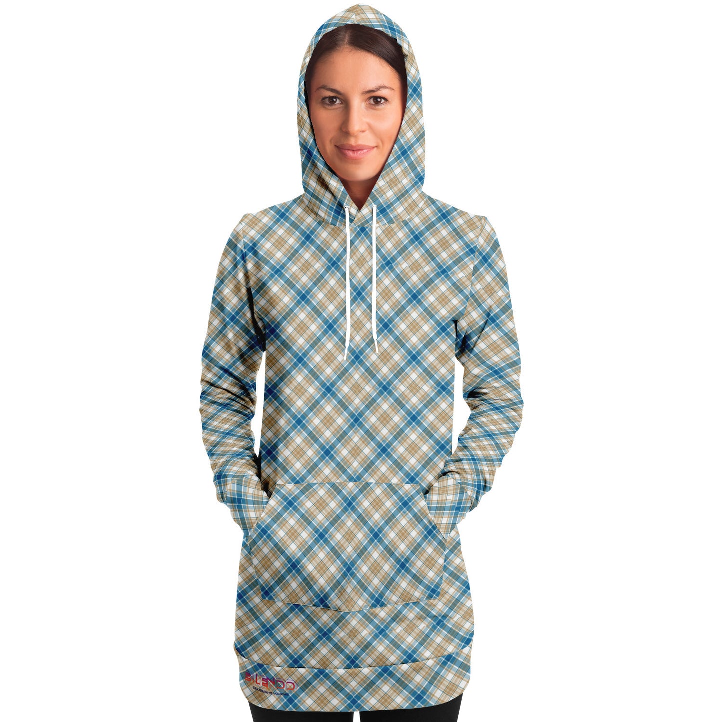 Winter 2024 Womens Fashion Longline Hoodie - MADRAS BlueTan