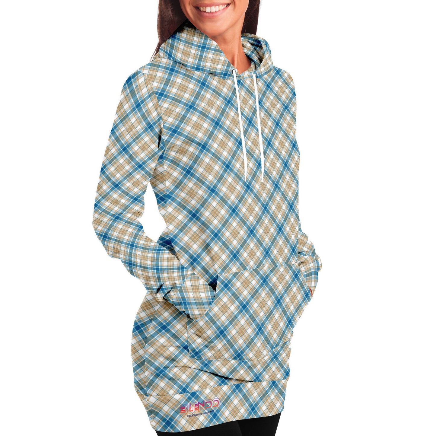 Winter 2024 Womens Fashion Longline Hoodie - MADRAS BlueTan